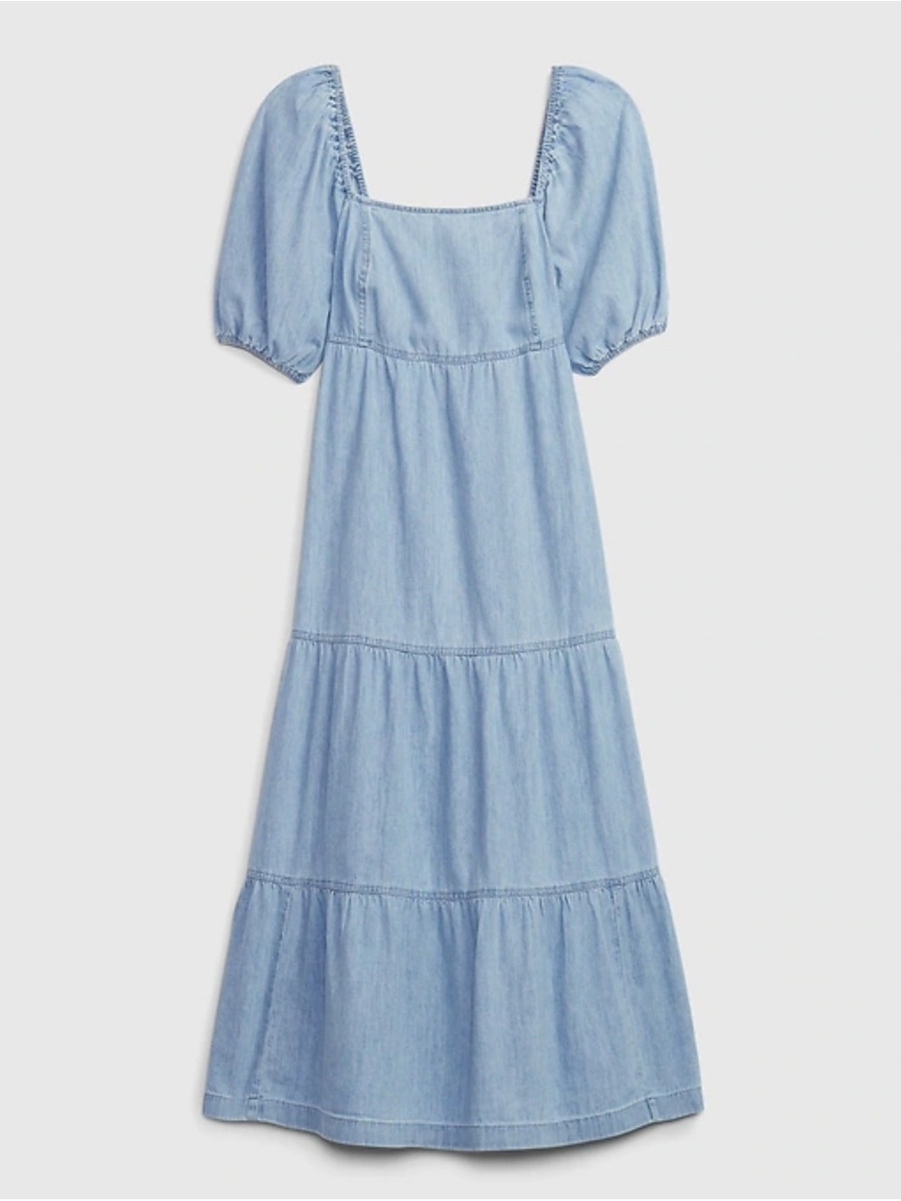 GAP Light Blue Denim Tiered Midi Dress with Puff Sleeves